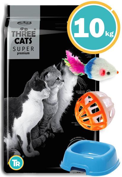 Imagen de THREE CATS Super Premium  10 kg Salmón + Comedero + Pelota + Ratón