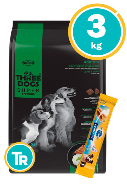 Imagen de THREE DOGS Super Premium Perro Adulto Raza Med/Gra 3kg Carne y Arroz + Dentastix