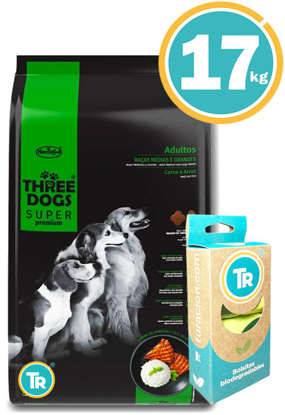 Imagen de THREE DOGS Super Premium Adultos Razas Med y Gdes 15 + 2 kg + Bolsas