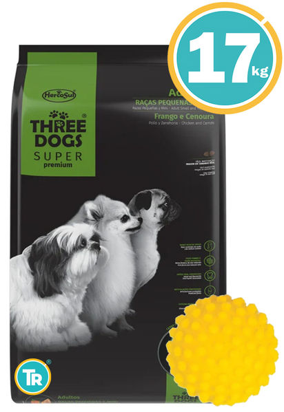 Imagen de THREE DOGS Super Premium Perro Adulto Razas Pequeñas y Mini 17 kg + Pelota
