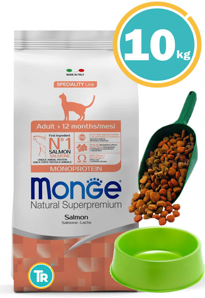 Imagen de MONGE MONOP CAT ADULT SALMON 10 KG + Pala dosificadora + Comedero