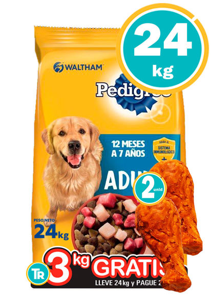 Imagen de PEDIGREE Perro Adulto Carne, Pollo y Cereales 21+ 3 Kg + Patas de Pollo