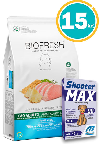 Imagen de BIOFRESH Adulto Raza Media Cerdo y Ananá 15kg + Pipeta Shooter 20 a 40