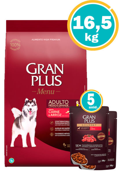 Imagen de Gran Plus perro adulto carne razas Med/Gra 15+1.5kg + Salsas Gran Plus