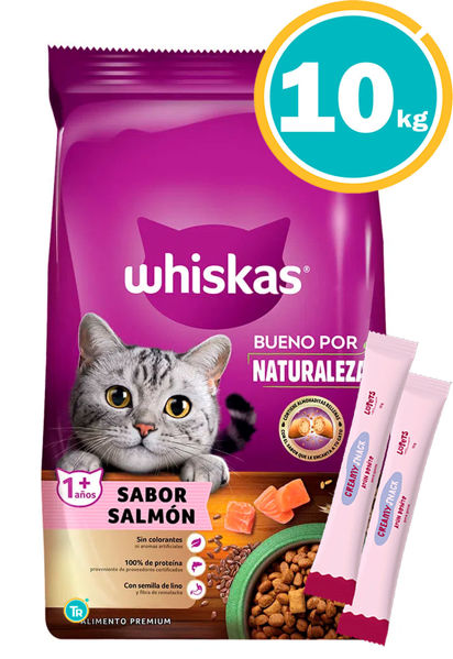 Imagen de Alimento WHISKAS Gato Adulto Salmón 10 Kg + Creamy x2